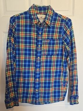 Hollister Blue Plaid Long-Sleeve Button-Down Shirt with Orange & Green Accents